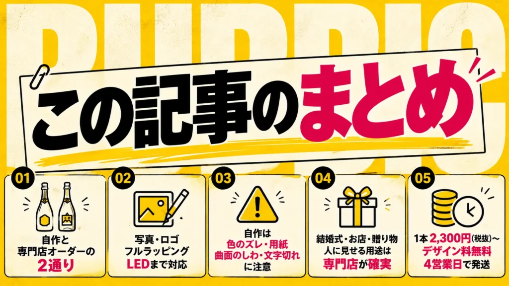この記事のまとめ：01 自作と専門店オーダーの2通り、02 写真・ロゴ・フルラッピング・LEDまで対応、03 自作は色のズレ・用紙・曲面のしわ・文字切れに注意、04 結婚式・お店・贈り物など人に見せる用途は専門店が確実、05 1本2,300円（税抜）〜・デザイン料無料・4営業日で発送