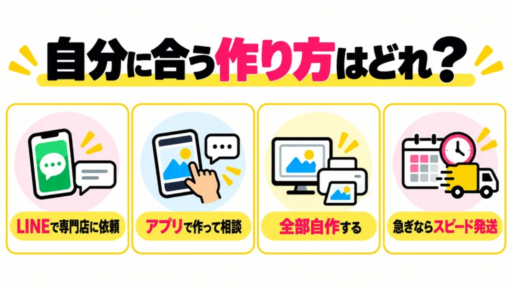 自分に合う作り方はどれ？LINEで専門店に依頼、アプリで作って相談、全部自作する、急ぎならスピード発送
